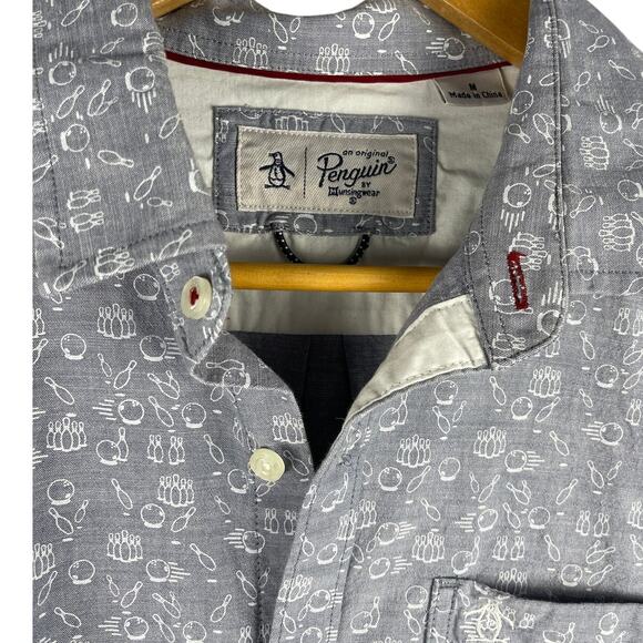 Original Penguin Button Down Gray & White Bowling Ball‎ & Pins Shirt Size Medium - Picture 3 of 9